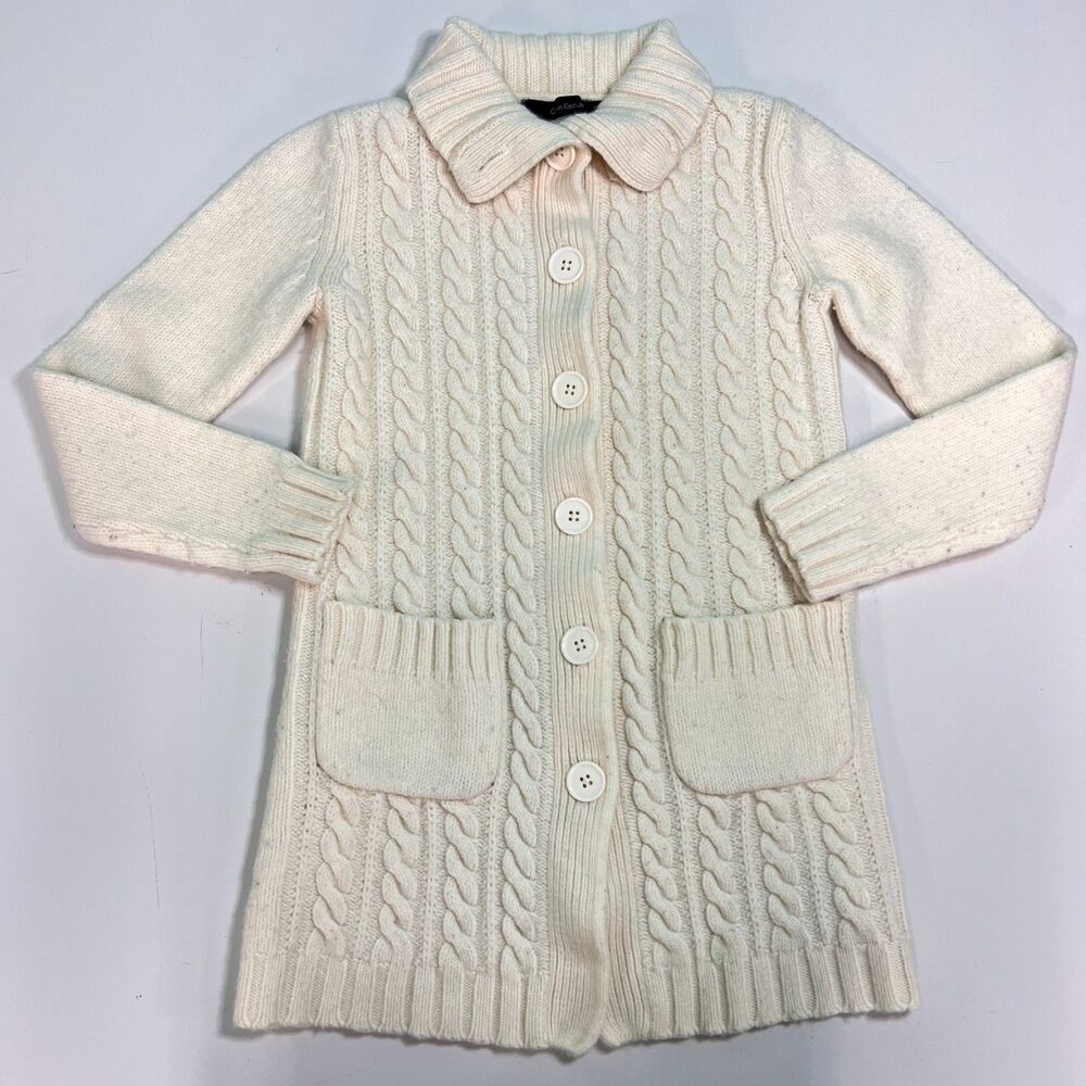Calvin Klein Jeans Cable Knit Sweater Coat Womens XS Cream Wool Blend Cardigan